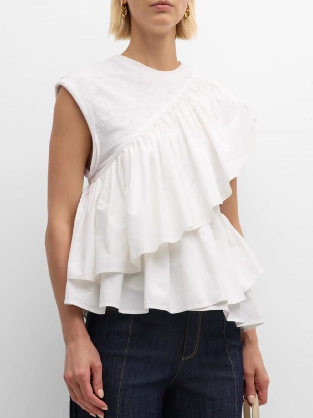 Cinq à Sept Micki Asymmetric Ruffle Sleeveless Cotton Top White Womens Size L
